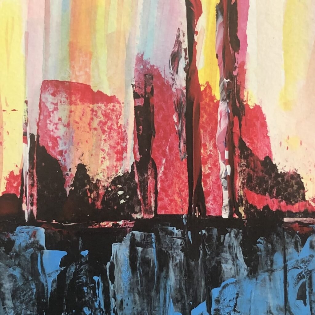 Acrylic painting on paper showing abstract vertical forms in red, yellow, blue, and black, evoking urban structures or figures in a cityscape.