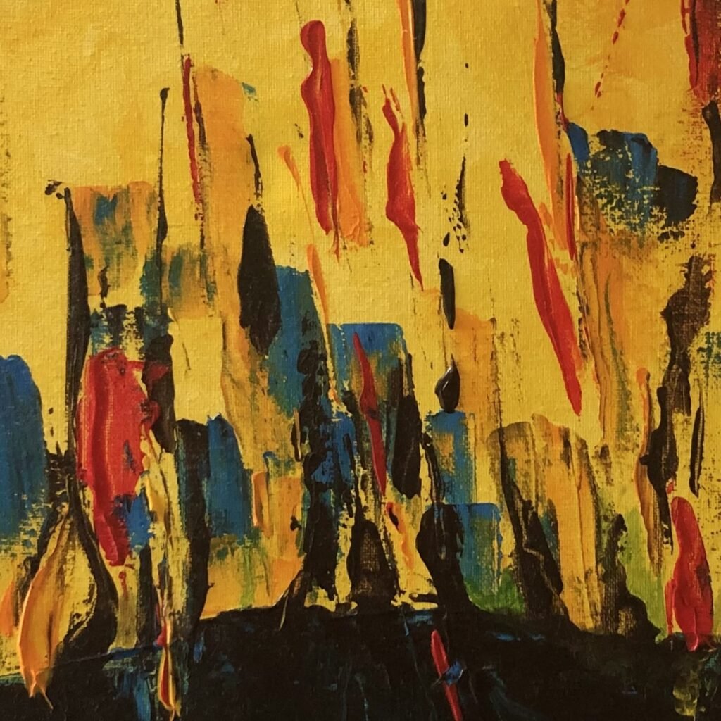Fragment of an abstract painting from the Body in Crowds series, showing vertical brushstrokes in red, blue, black, and yellow tones, evoking movement and compression.