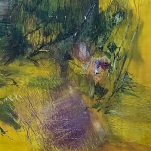 bstract painting fragment with layered green, yellow, and purple textures, suggesting natural forms or landscape impressions.